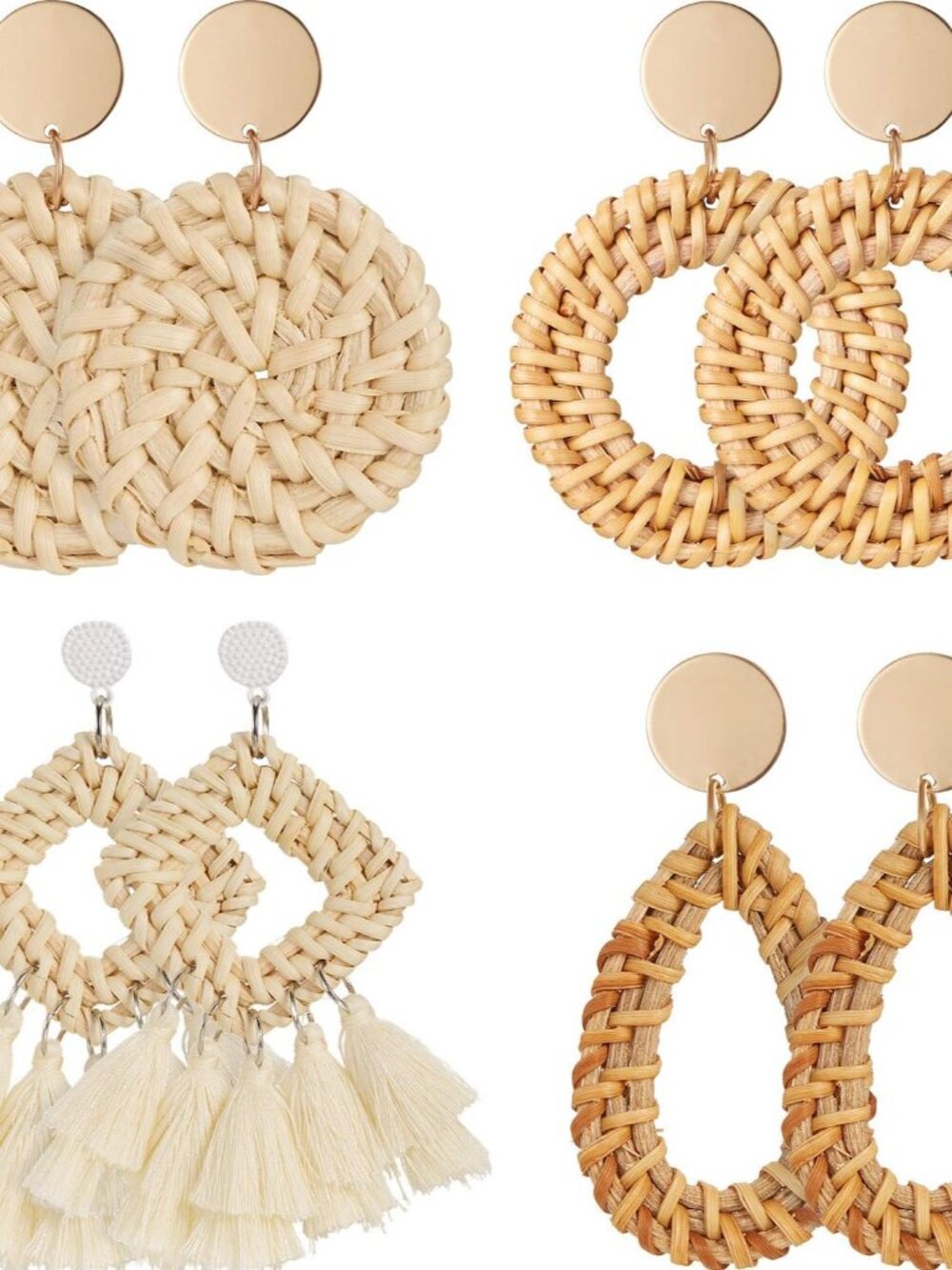4 Pairs Rattan Earrings for Women Beach Essentials Tassel Dangle Boho Straw Earr